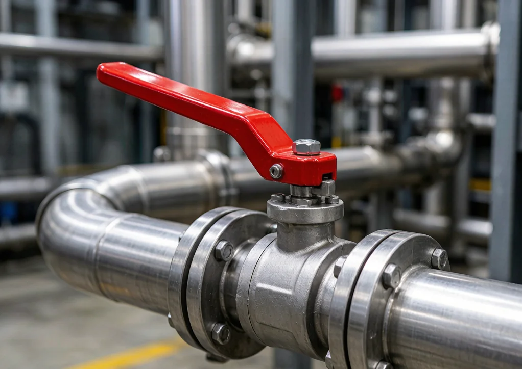 Close-up of a lever operated ball valve installed on an industrial pipeline
